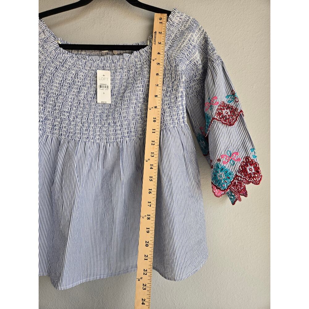 LOFT‎ Boho Embroidered Smocked Off The Shoulder Pinstripe Peasant Top S - Picture 8 of 9